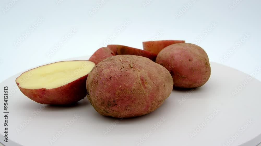Freshly harvested from backyard organic garden whole red potatoes and some sliced in half spinning or rotating on turntable against white background Freshly harvested from backyard organic garden whole red potatoes and some sliced in half spinning or rotating on turntable against white background