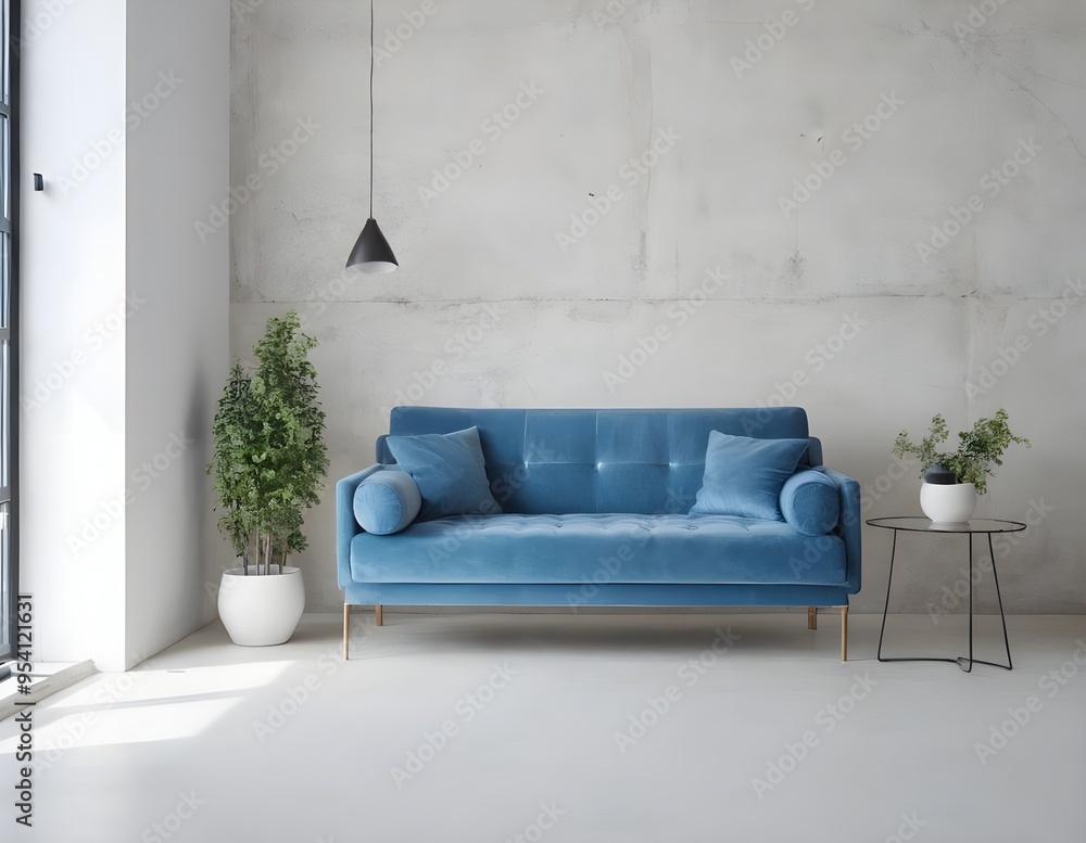 Modern living room with blue sofa, floor lamp, and potted plant in minimalistic design natural light Modern living room with blue sofa, floor lamp, and potted plant in minimalistic design natural light