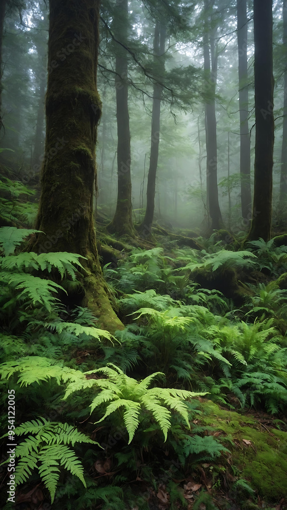 a dense, mystical forest enveloped in morning mist. Tall trees with thick trunks a dense, mystical forest enveloped in morning mist. Tall trees with thick trunks