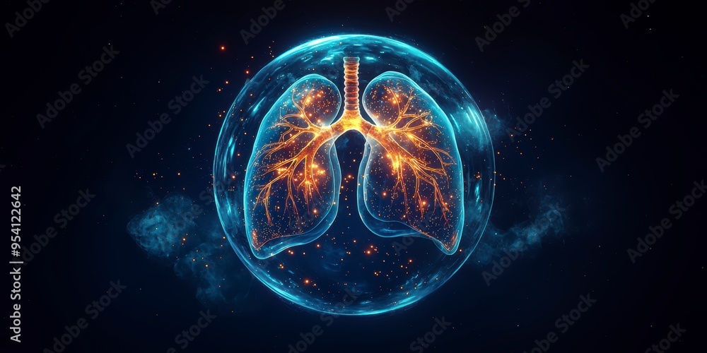 Holographic lungs in a glass sphere on a blue background. The medical concept of health protection Holographic lungs in a glass sphere on a blue background. The medical concept of health protection