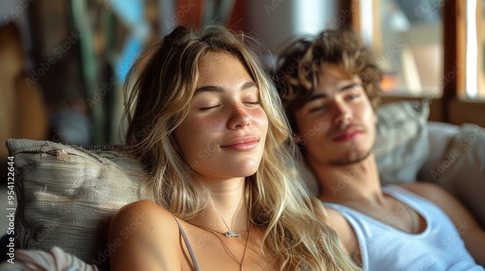 Young Couple Relaxing on a Sofa, Happy Together Young Couple Relaxing on a Sofa, Happy Together