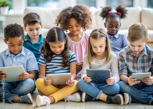 Group of diverse children engaged in various digital activities, eyes fixed on screens, fingers typing, and swiping on