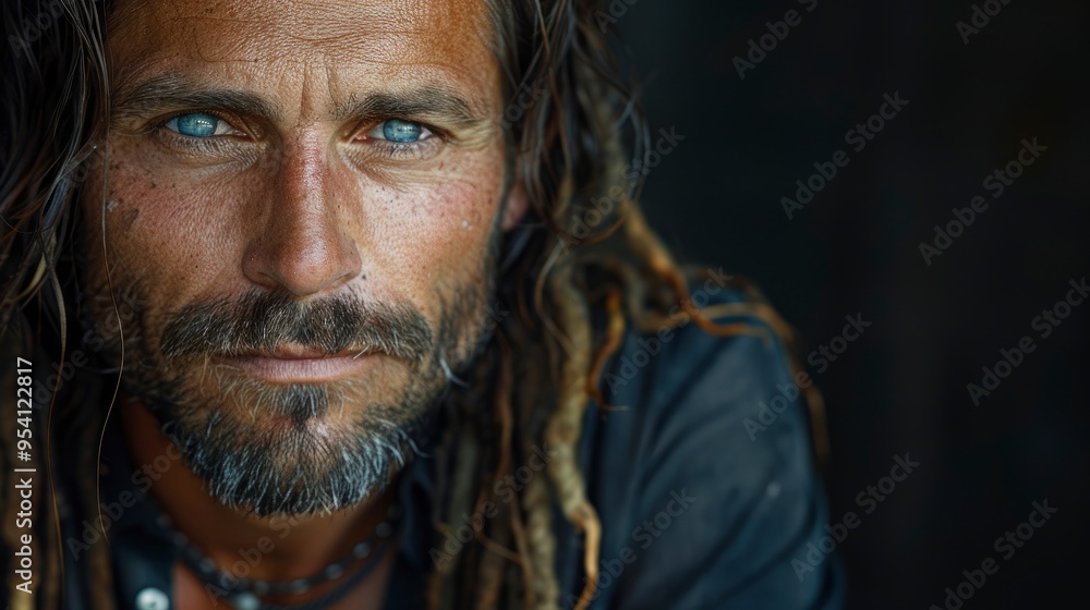Close Up Portrait of a Man with Long Hair and Blue Eyes Close Up Portrait of a Man with Long Hair and Blue Eyes