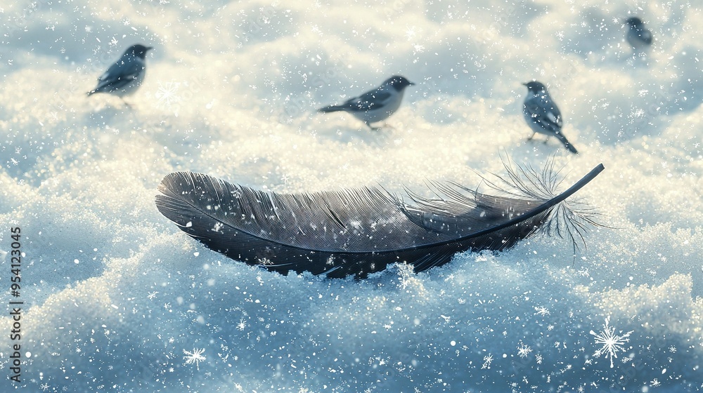 Fototapeta premium A feather atop a snowy mound near a bird perched upon another snowy mound
