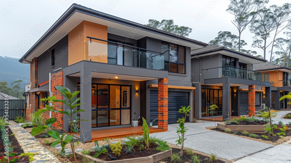 Fototapeta premium Modern townhouse complex with brick accents and lush landscaping
