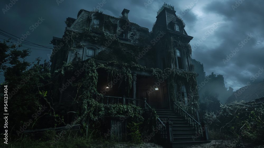 Haunted house in the woods with an eerie glow under the night sky
Haunted house in the woods with an eerie glow under the night sky