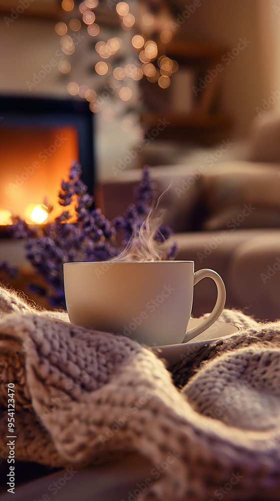 Fototapeta premium Cup of lavender tea with a bouquet of lavender and a cozy background 