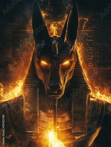 Mythical Anubis with Glowing Eyes and Ancient Egypt  Symbolism 