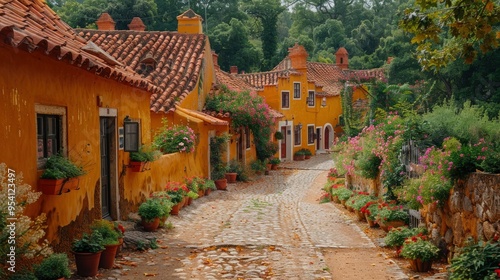 Colorful Cobblestone Street in a Quaint European Village