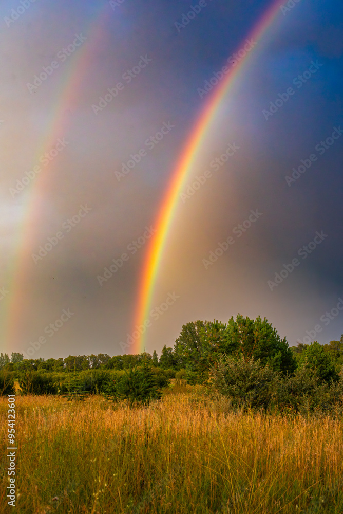 Dramatic rainbow over a meadow