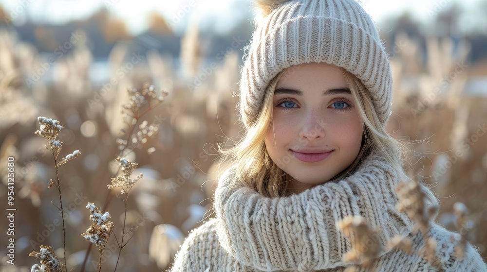 Beautiful Young Woman in Winter Clothing Looking at Camera Beautiful Young Woman in Winter Clothing Looking at Camera