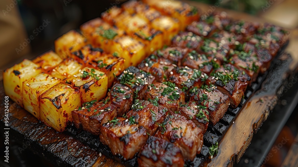 Grilled Pineapple and Beef Skewers on Wooden Board Grilled Pineapple and Beef Skewers on Wooden Board