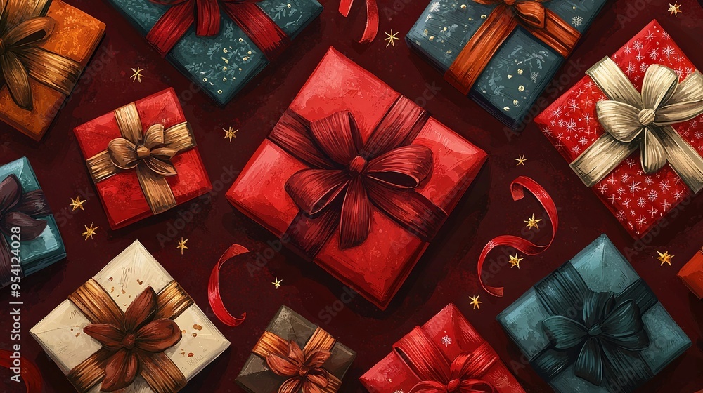 A group of gift-wrapped presents sits atop a red table, adorned with red and gold ribbed bows A group of gift-wrapped presents sits atop a red table, adorned with red and gold ribbed bows