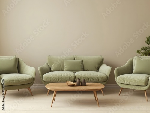 Sage couches, low-profile coffee table, and beige walls in a contemporary setting. photo