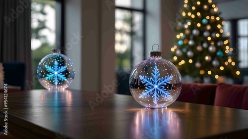 Modern Christmas Living Room with Giant Illuminated Ornament and City View. Generated AI