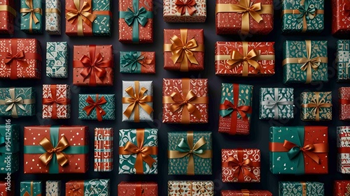 Beautifully Wrapped Christmas Gifts with Festive Ribbons and Patterns. Generated AI