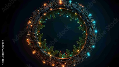 Futuristic Christmas Wreath with Digital and Festive Elements. Generated AI