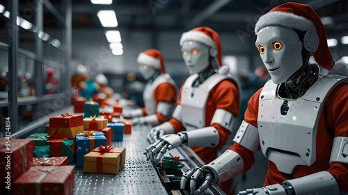 Robot Assisting Santa Claus in Modern Christmas Gift Factory. Generated AI
