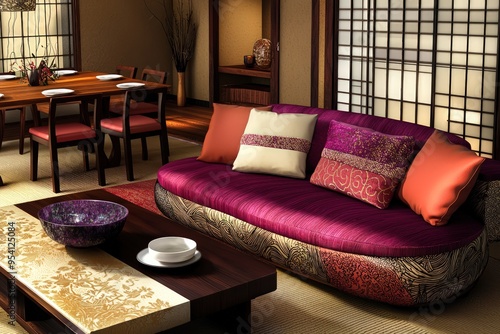 Japanese styled living with a fuchsia sofa, espresso coffee table, and sepia dining setup. photo