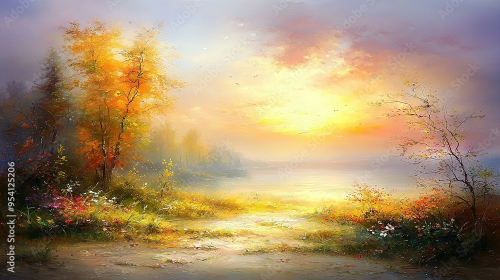 Fototapeta premium A painting captures a serene path that leads to a calm lake surrounded by lush trees, set against a beautiful sunset backdrop