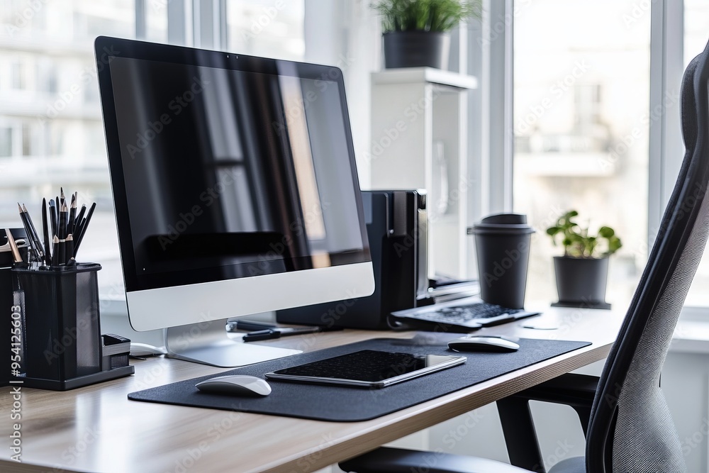 office desktop with laptop and analytics office desktop with laptop and analytics