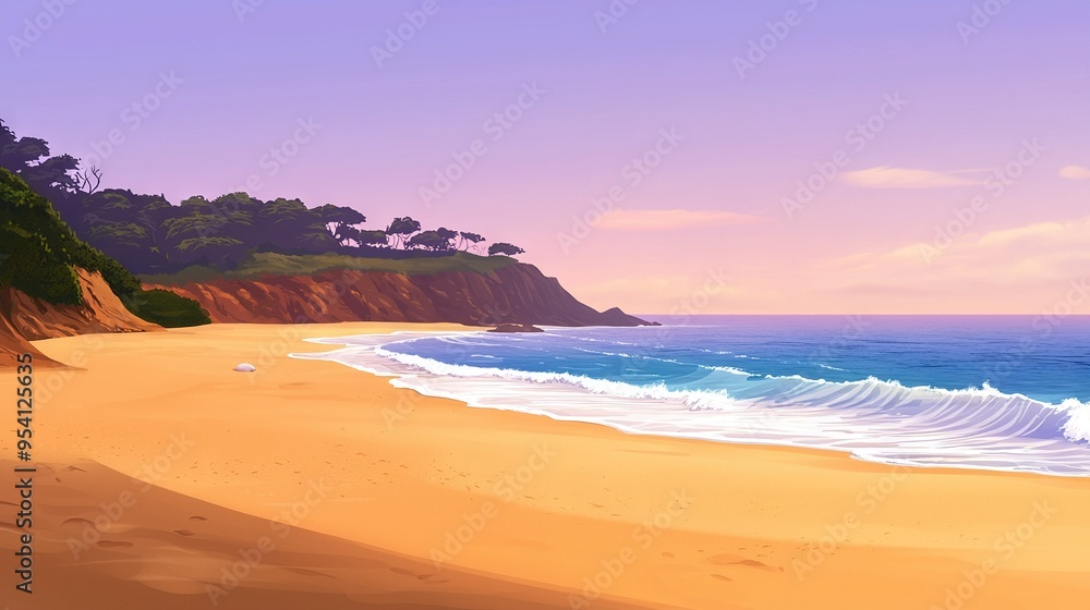 Painting of a beach with waves reaching the shore and a cliff beyond Painting of a beach with waves reaching the shore and a cliff beyond