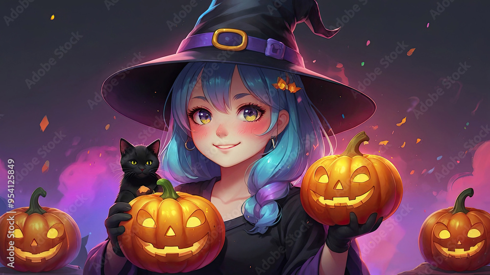Portrait of a witch and a black cat with pumpkins on the background. Halloween Greeting Card Portrait of a witch and a black cat with pumpkins on the background. Halloween Greeting Card