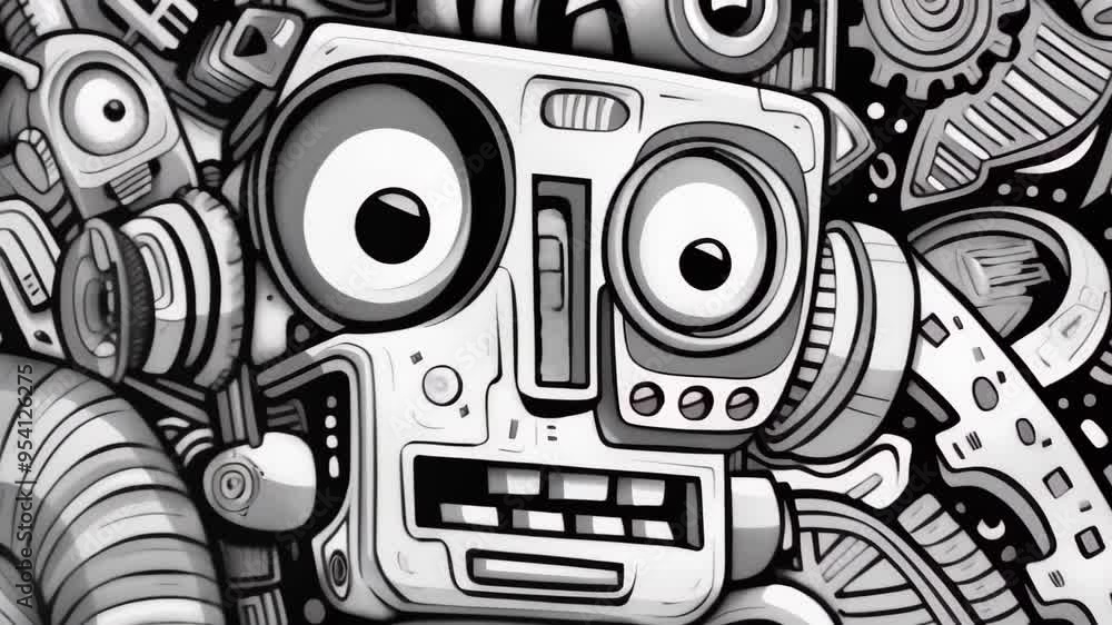 Abstract black and white robot face with intricate mechanical details, capturing the essence of futuristic technology and creativity. AI, robotics, and innovation Abstract black and white robot face with intricate mechanical details, capturing the essence of futuristic technology and creativity. AI, robotics, and innovation