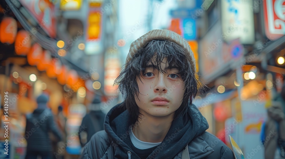 Young Man in Tokyo Street with Bokeh Lights Young Man in Tokyo Street with Bokeh Lights
