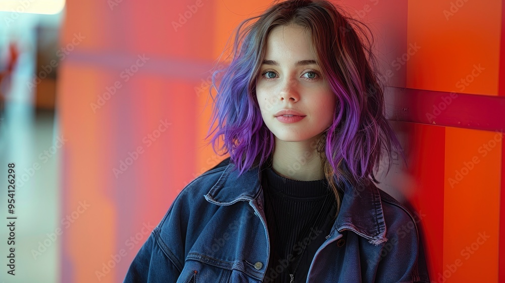 Young woman with purple hair leaning against a red wall Young woman with purple hair leaning against a red wall