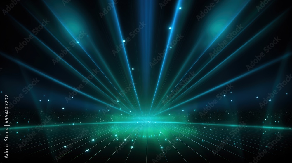 Naklejka premium A vibrant digital background with beams of light and sparkling effects, ideal for presentations.