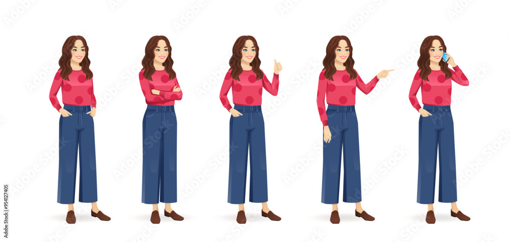 © Volha Hlinskaya - Young beautiful woman with curly hair standing half turn view different poses set. Standing, showing, pointing, talking on the phone, thumb up isolated vector illustration.