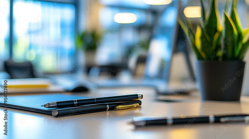Office Setup with Pens in a Modern office Setting Office Setup with Pens in a Modern office Setting