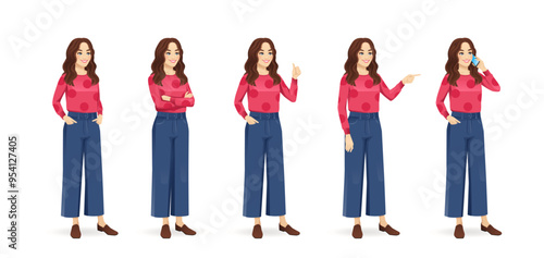 Young beautiful woman with curly hair standing half turn view different poses set. Standing, showing, pointing, talking on the phone, thumb up isolated vector illustration.