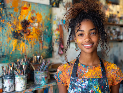 Smiling female artist in colorful paint-splattered studio

