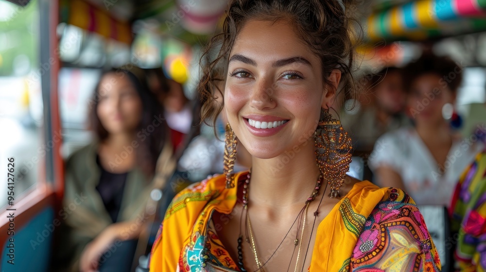 Happy Young Woman in Colorful Clothing on Public Transport Happy Young Woman in Colorful Clothing on Public Transport
