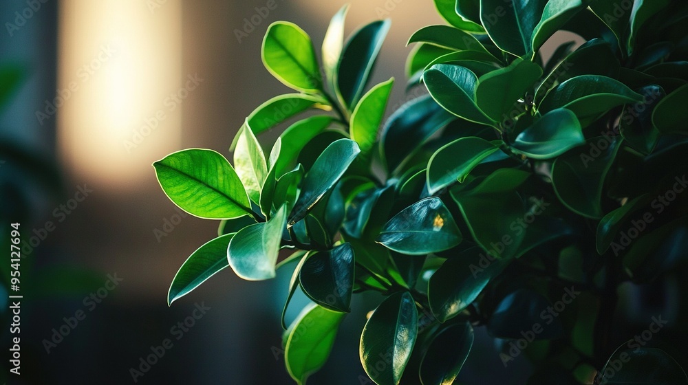 A close-up of a lush green foliage plant against a hazy, indistinct background building A close-up of a lush green foliage plant against a hazy, indistinct background building