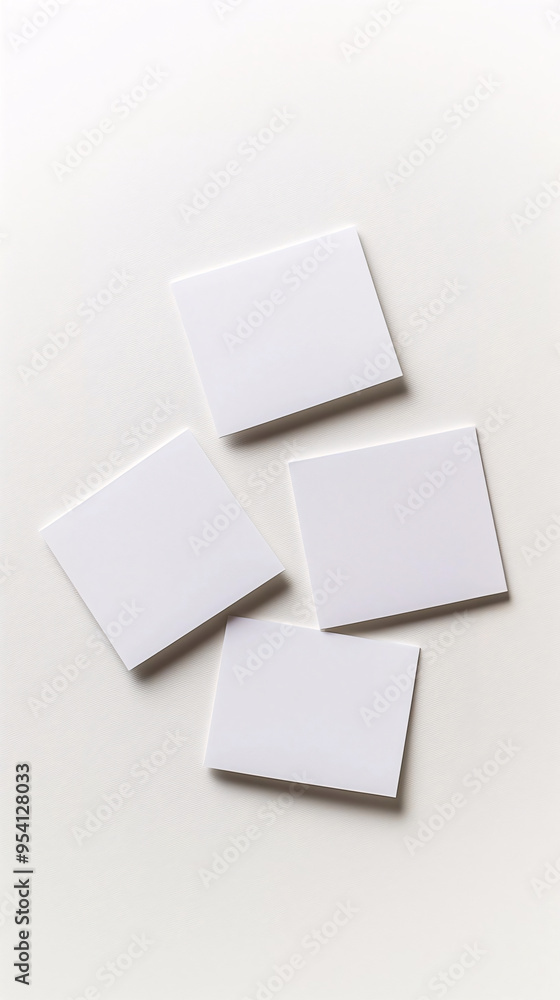 Four blank, white square cards arranged in a slightly scattered pattern on a clean, textured white surface, creating a minimalistic and modern composition Four blank, white square cards arranged in a slightly scattered pattern on a clean, textured white surface, creating a minimalistic and modern composition