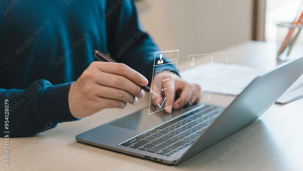 Human resources management concept, Business and technology Fill out an online employee assessment form. Human resource management, HR, recruitment, leadership and teambuilding.