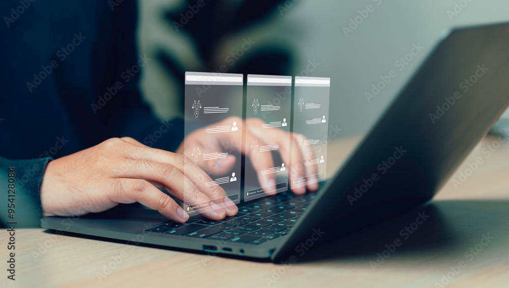 Businessman using many Artificial intelligence AI, by command prompt for generated. Human and chat bot Working to develop new innovations Help with various tasks.