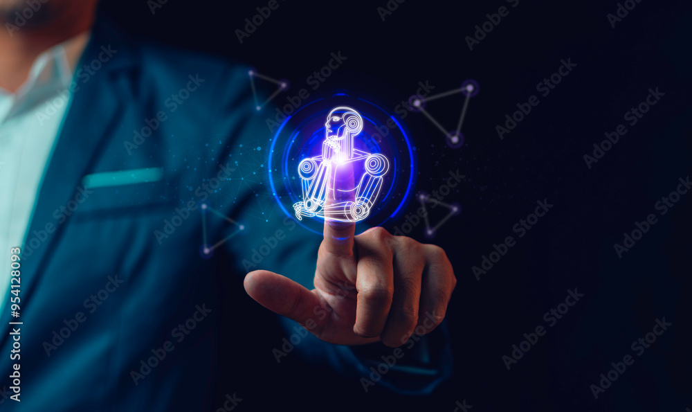 Businessman using Artificial intelligence AI, technology artificial intelligence by command prompt for generated. Human and chat bot Working to develop new innovations in the future business world.
