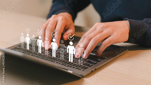 Obraz na płótnie Human resources management concept, Business and technology Fill out an online employee assessment form. Human resource management, HR, recruitment, leadership and teambuilding. w salonie