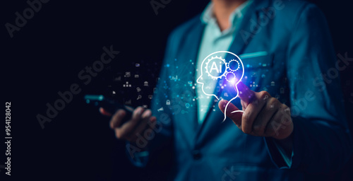 Businessman using Artificial intelligence AI, technology artificial intelligence by command prompt for generated. Human and chat bot Working to develop new innovations in the future business world.