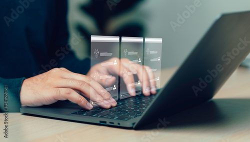 Obraz na płótnie Businessman using many Artificial intelligence AI, by command prompt for generated. Human and chat bot Working to develop new innovations Help with various tasks. w salonie