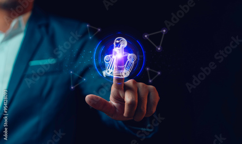 Obraz na płótnie Businessman using Artificial intelligence AI, technology artificial intelligence by command prompt for generated. Human and chat bot Working to develop new innovations in the future business world. w salonie