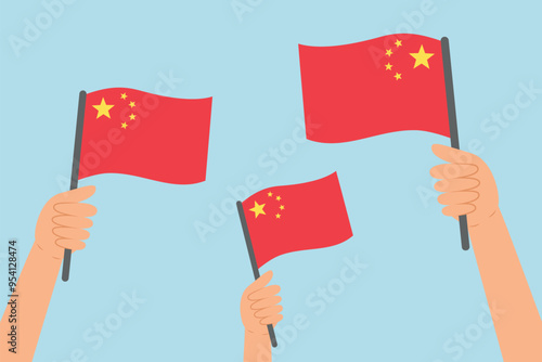People hands raising flags of China. Vector illustration of Chinese flags in flat style on blue background.