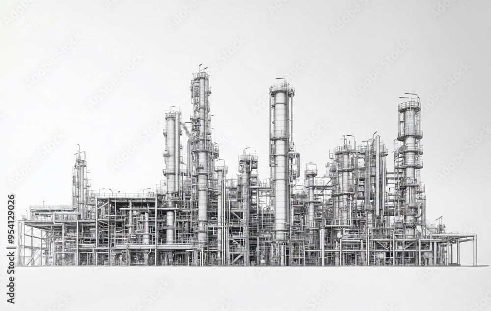 Black and white image of an industrial petrochemical plant against a white background. Black and white image of an industrial petrochemical plant against a white background.