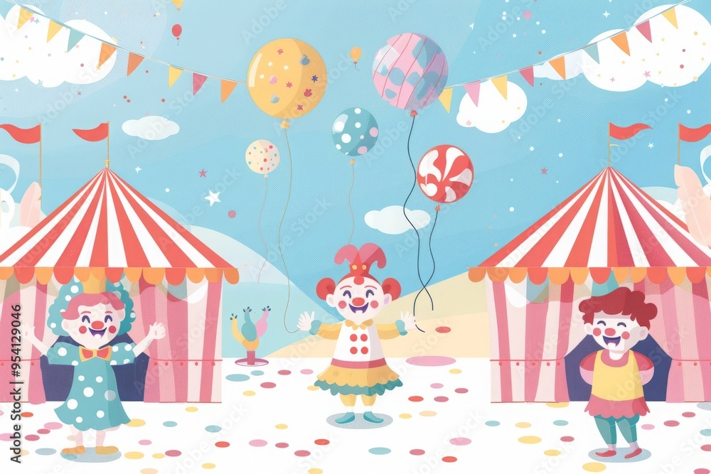 cute illustration of charming circus theme with juggling clowns, and balloons in pastel colors cute illustration of charming circus theme with juggling clowns, and balloons in pastel colors