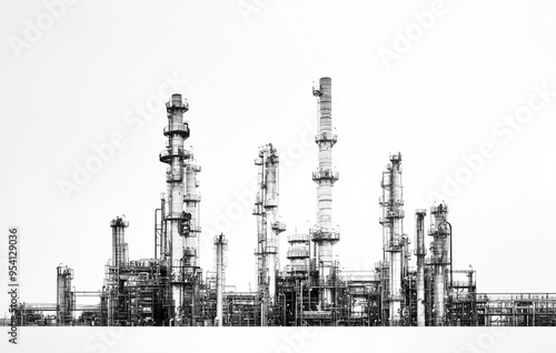 Black and white image of an industrial petrochemical plant against a white background.  photo