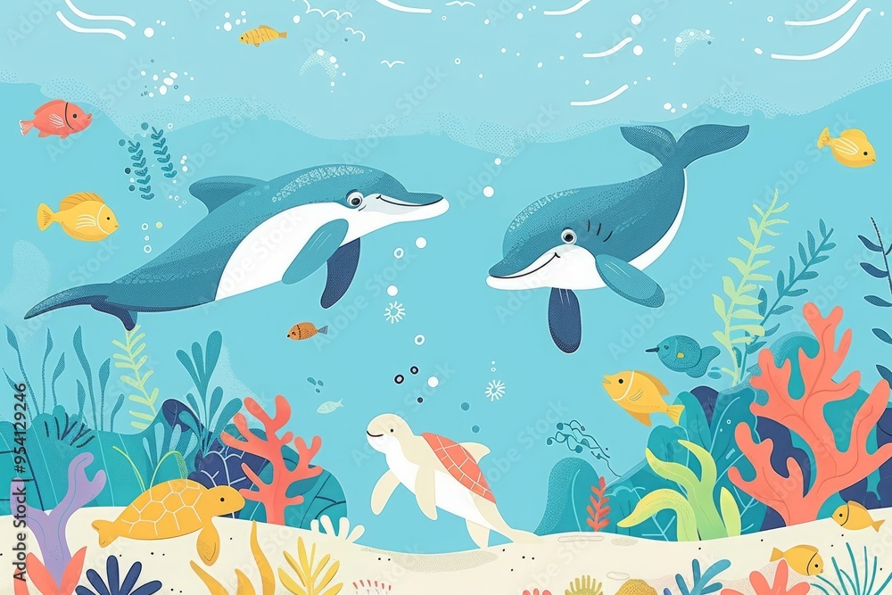 Fototapeta premium minimalistic cute illustration of playful underwater adventure with friendly sea creatures like dolphins, turtles, and colorful fish, for children 